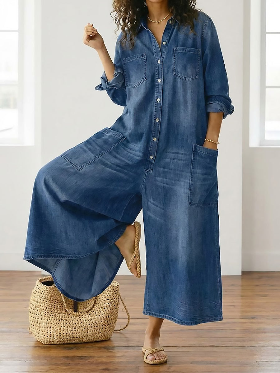 Diana | Vintage Gewassen Denim Jumpsuit van Zacht Katoen met Knopen