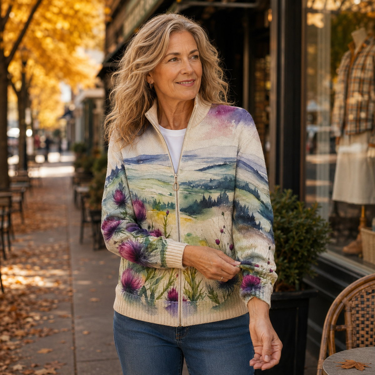 Marlowe | Vest met rits, landschapsprint en distels