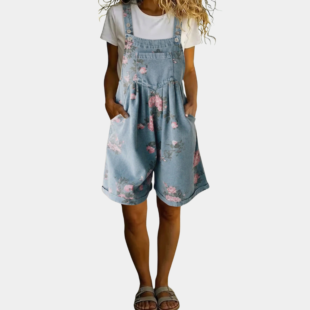 Judy | Vintage Gewassen Denim Tuinbroek met Bloemenprint