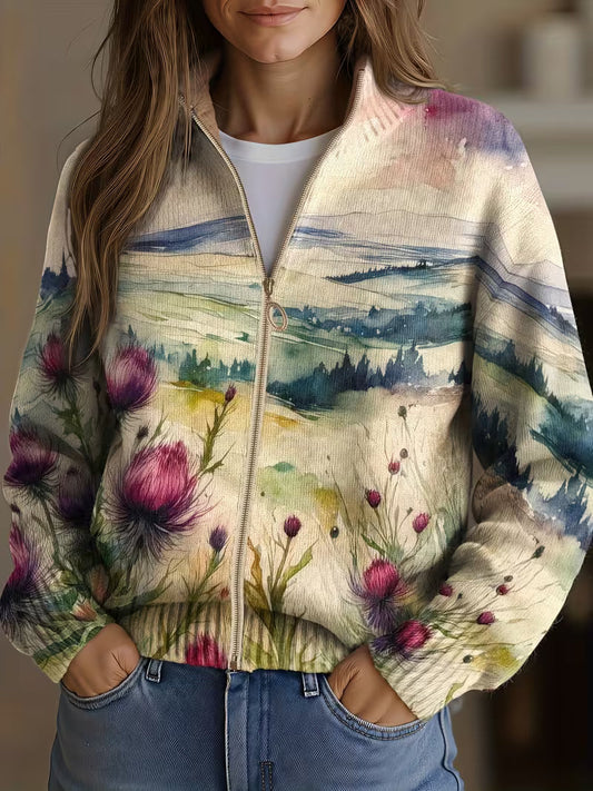 Marlowe | Vest met rits, landschapsprint en distels