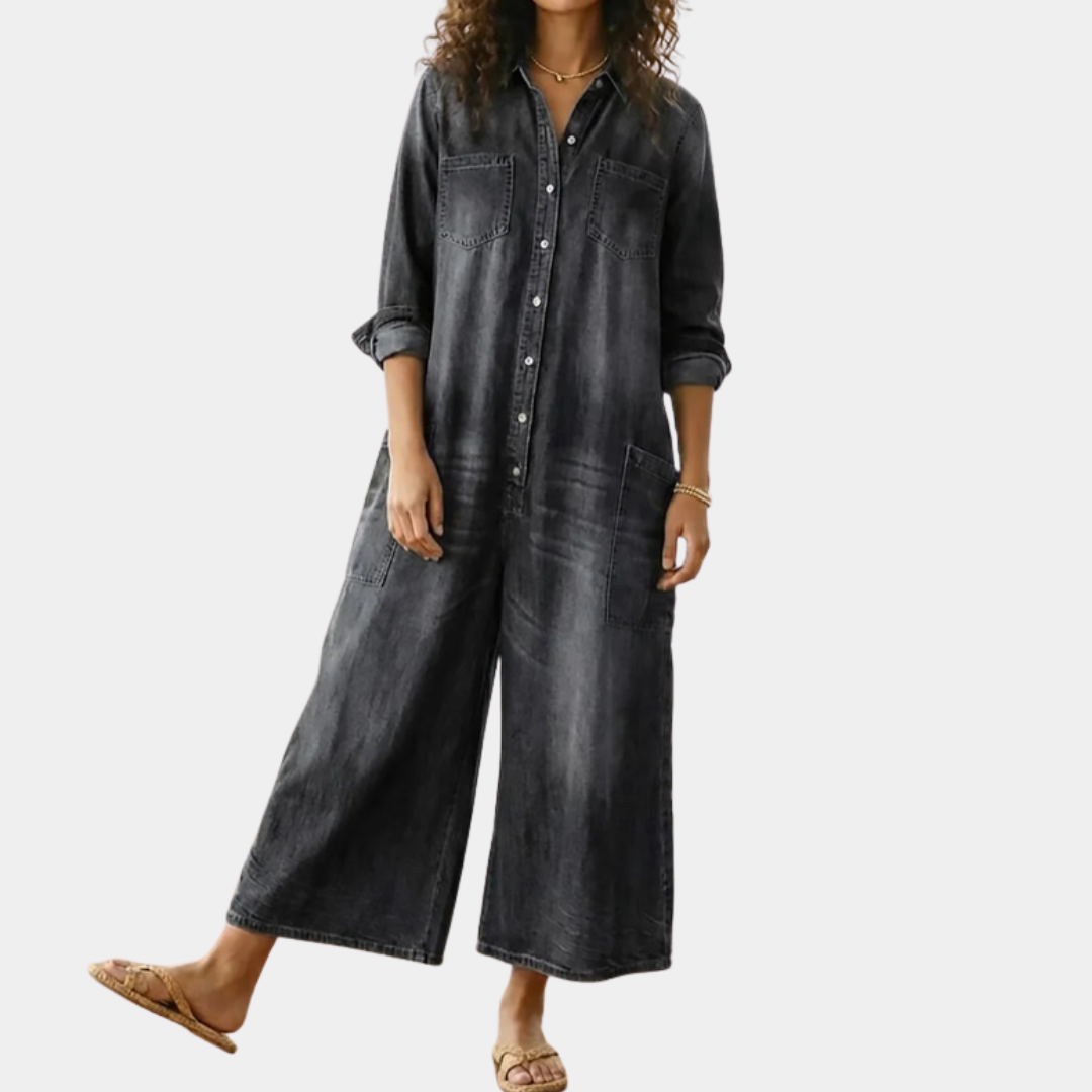 Diana | Vintage Gewassen Denim Jumpsuit van Zacht Katoen met Knopen