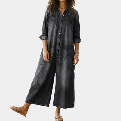 Diana | Vintage Gewassen Denim Jumpsuit van Zacht Katoen met Knopen