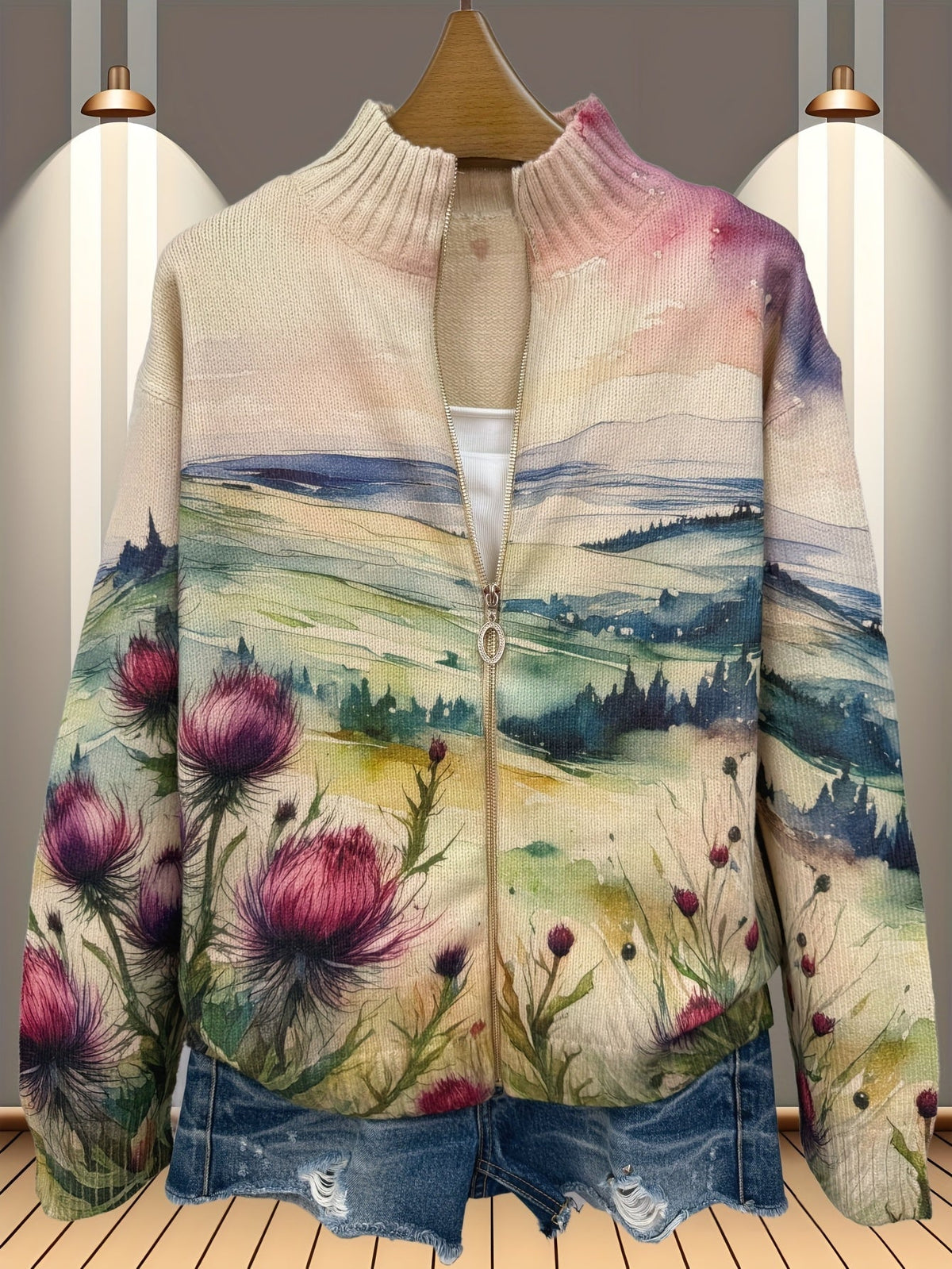 Marlowe | Vest met rits, landschapsprint en distels