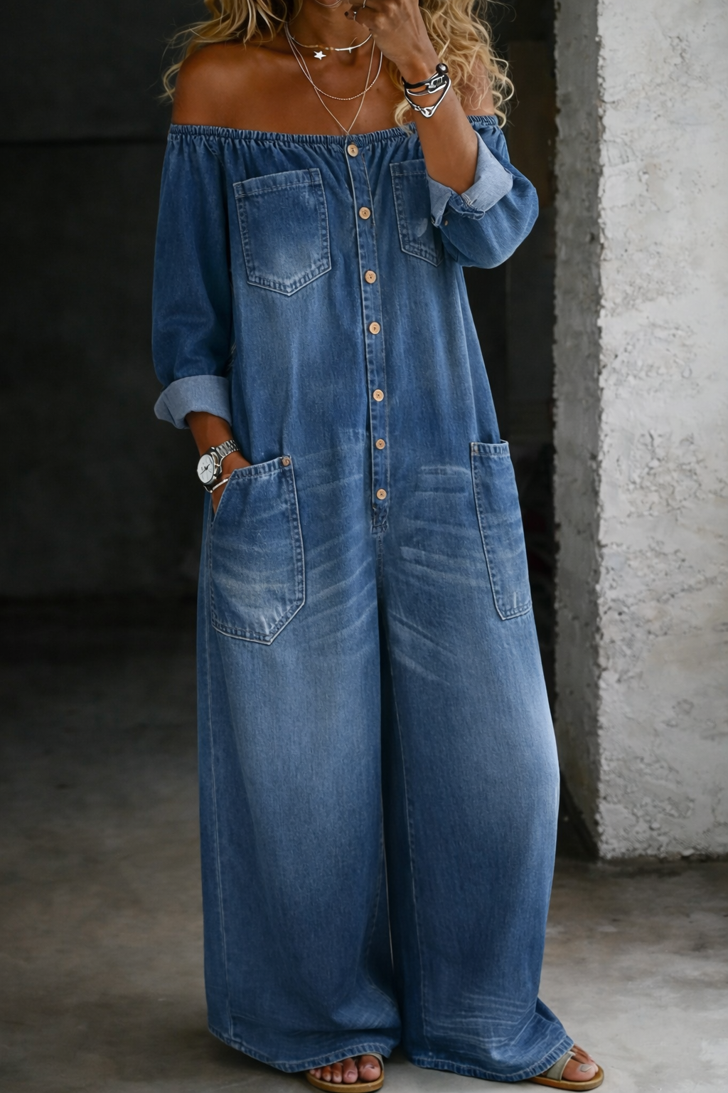 Elena | Jumpsuit met Blote Schouders en Lange Mouwen