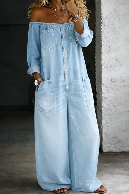 Elena | Jumpsuit met Blote Schouders en Lange Mouwen