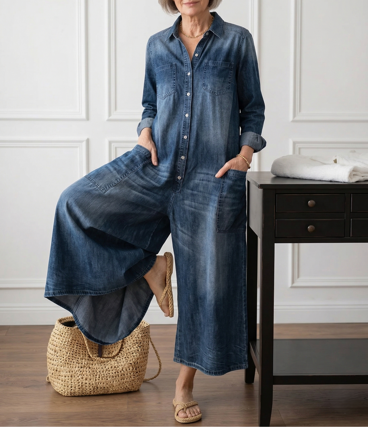 Diana | Vintage Gewassen Denim Jumpsuit van Zacht Katoen met Knopen