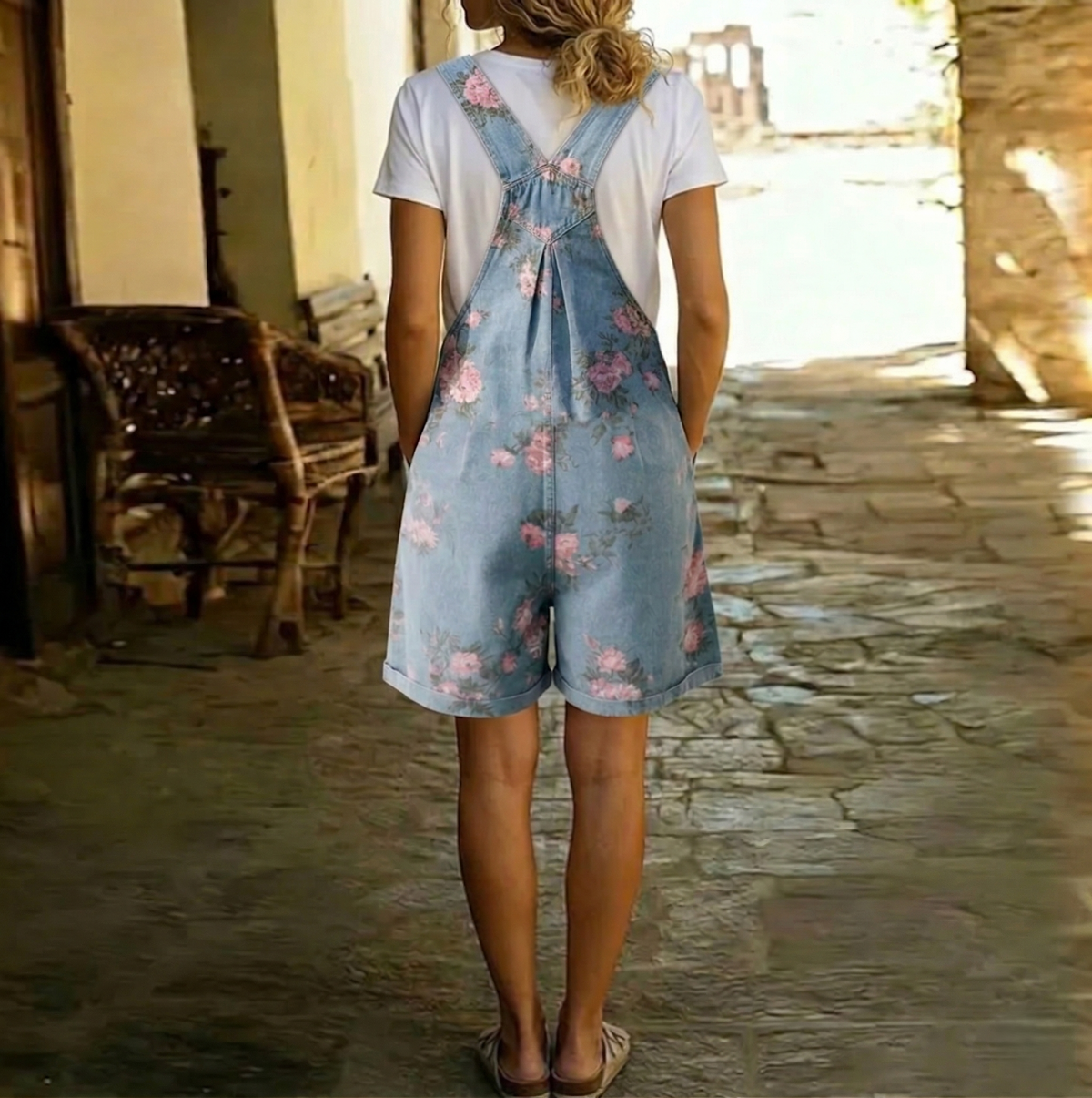 Judy | Vintage Gewassen Denim Tuinbroek met Bloemenprint