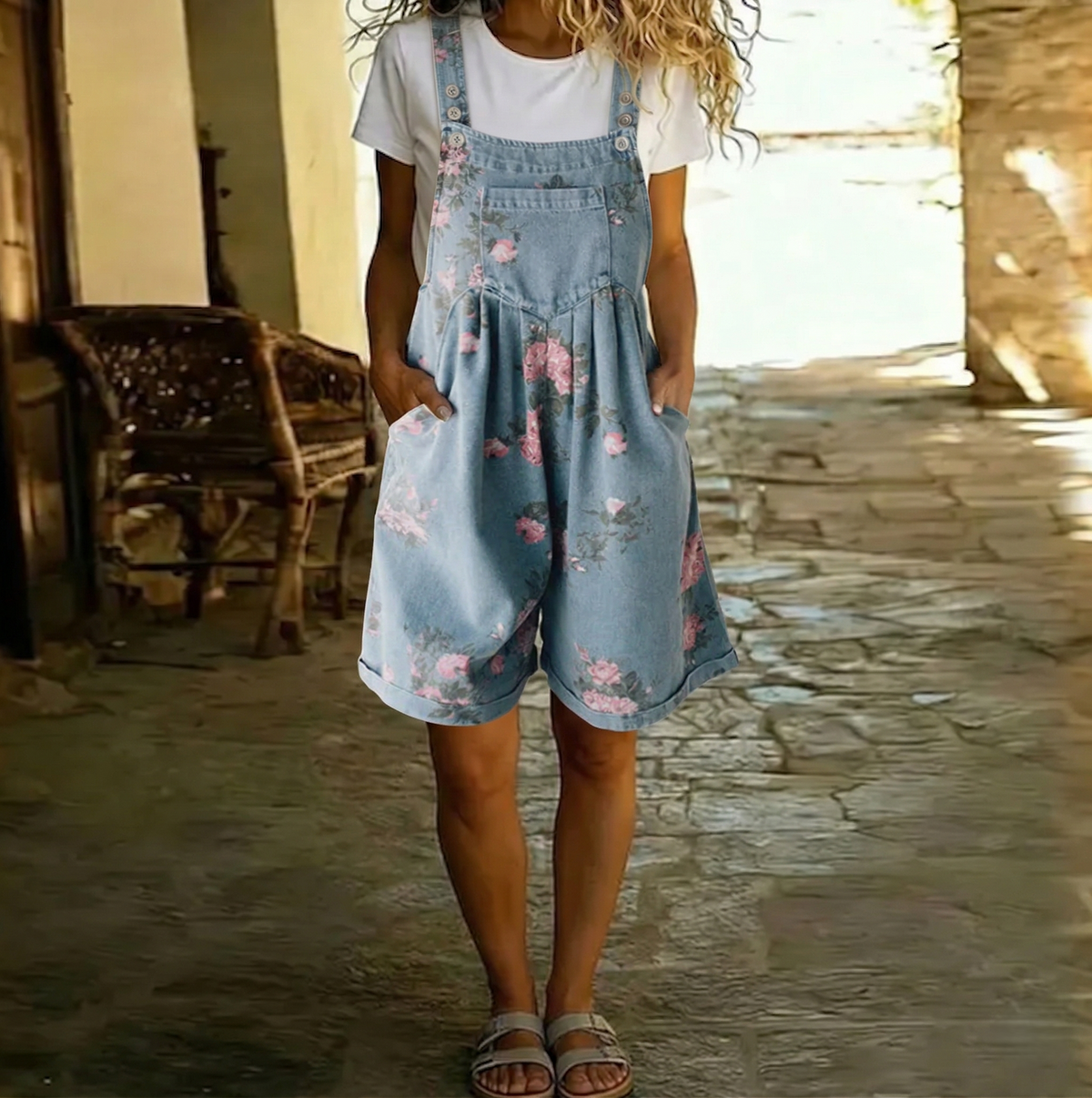 Judy | Vintage Gewassen Denim Tuinbroek met Bloemenprint