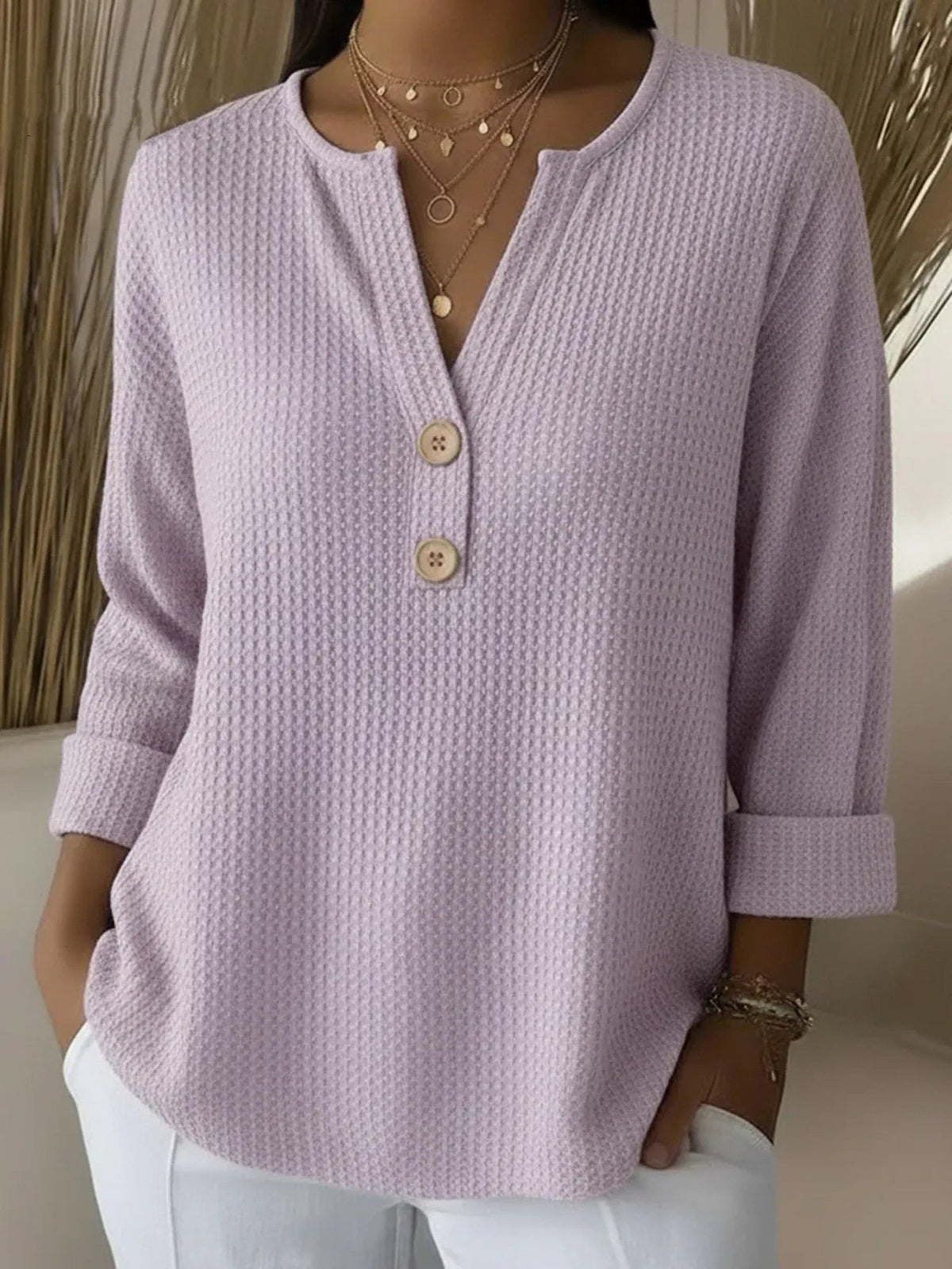 Noor | Wafelgebreid Henley-shirt met Knopen