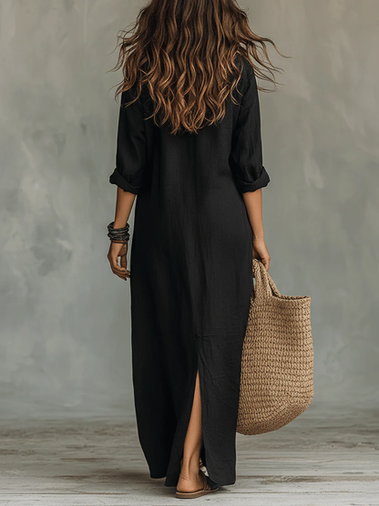 Claudia | Zwarte Maxi Jurk met Knopen
