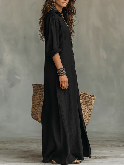 Claudia | Zwarte Maxi Jurk met Knopen