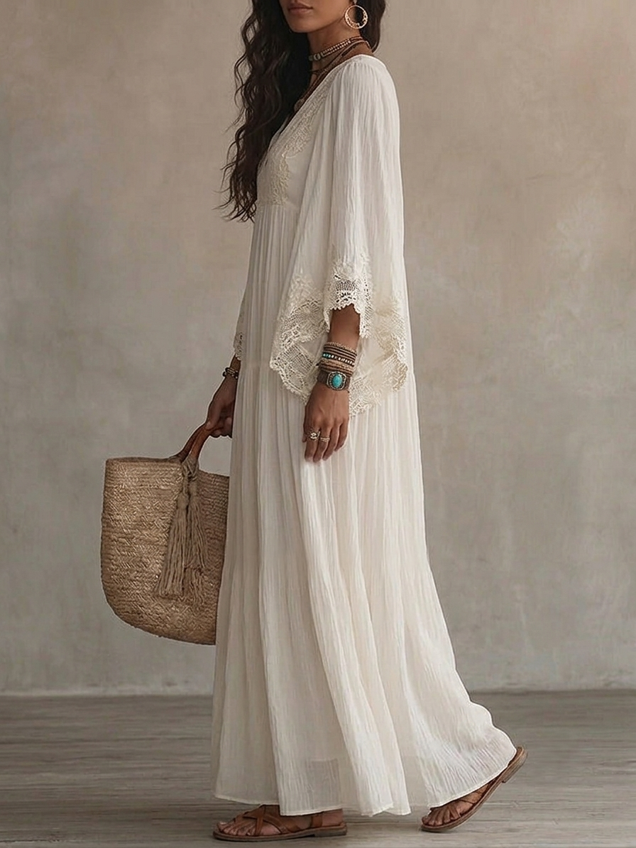 Indara | Witte Maxi Jurk met V-hals