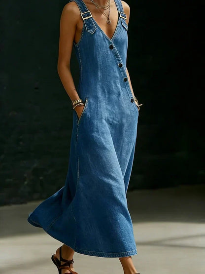 Vera | Lange Denim Jurk met Knopen
