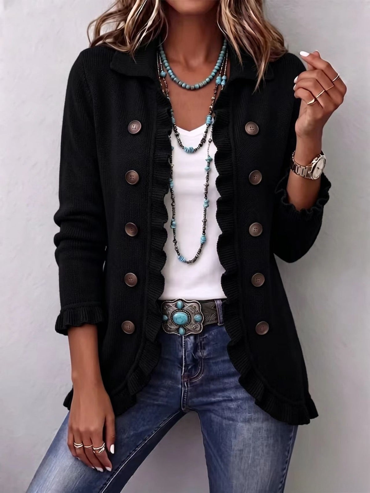 Camila | Zwarte gebreide blazer met ruches