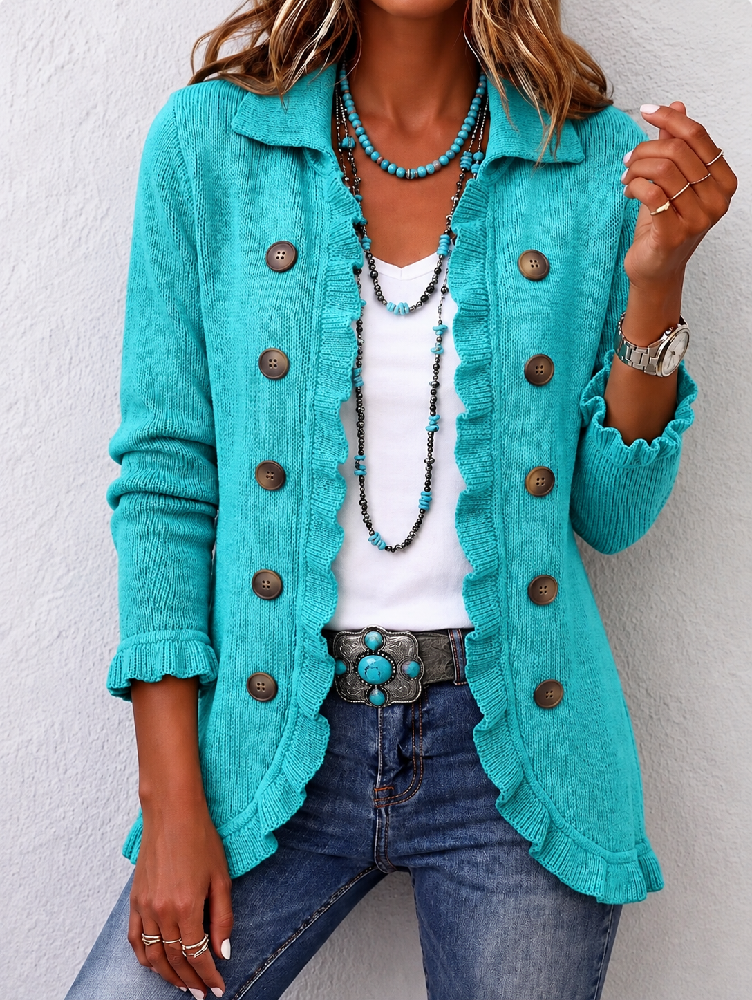 Maribel | Turquoise gebreide blazer met ruches
