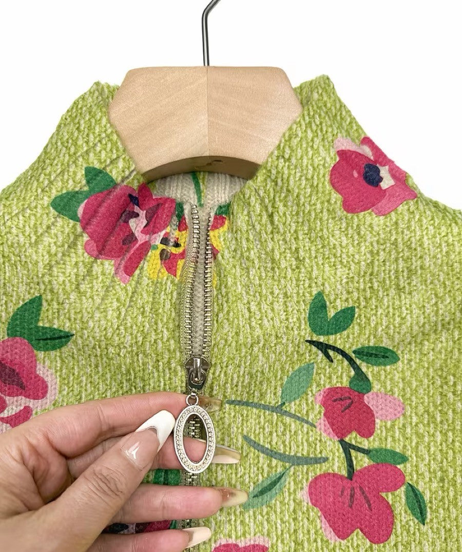 Margot | Limegroen vest met rits en bloemen
