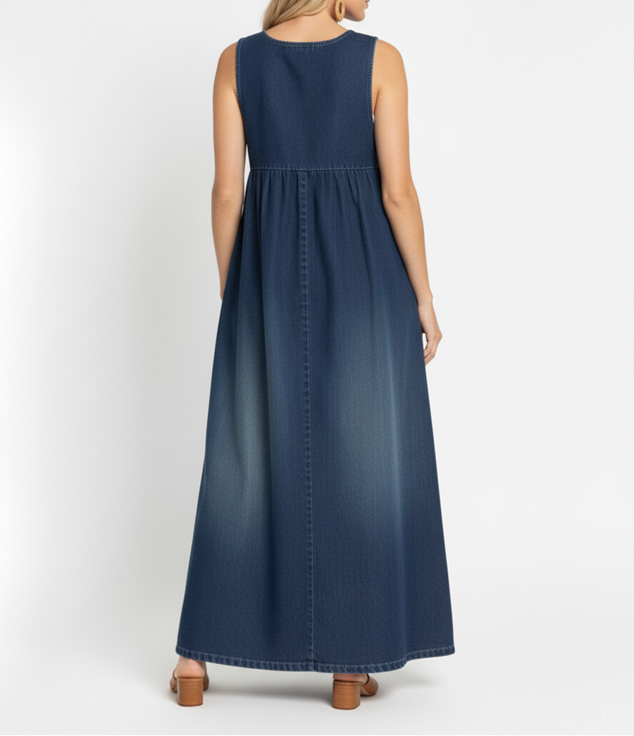 Karen | Vintage Gewassen Lange Denim Jurk met Zachte Katoenen Touch