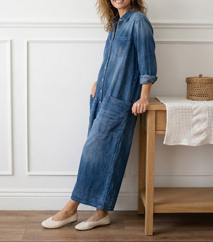 Diana | Vintage Gewassen Denim Jumpsuit van Zacht Katoen met Knopen