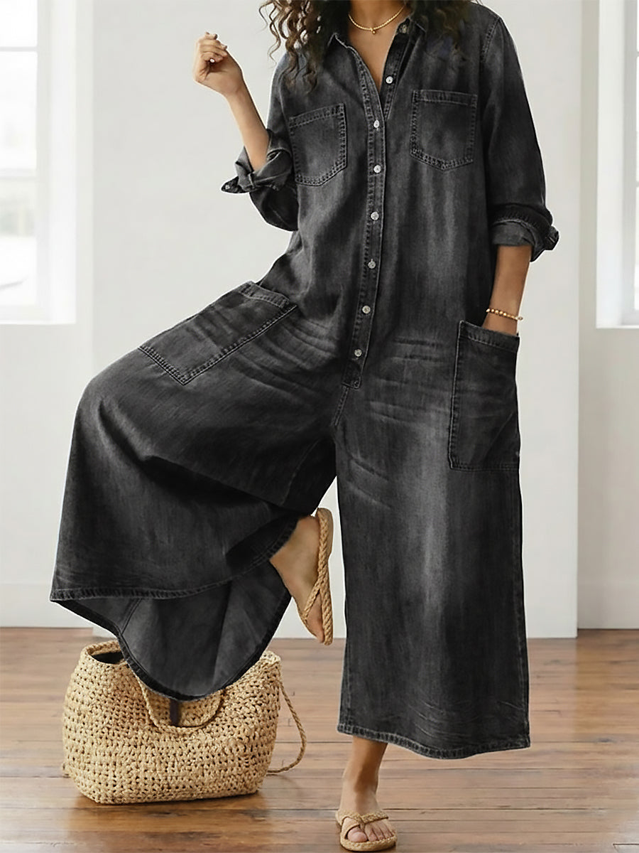 Diana | Vintage Gewassen Denim Jumpsuit van Zacht Katoen met Knopen
