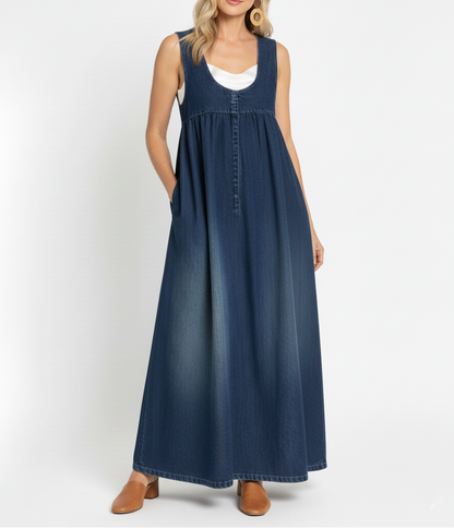 Karen | Vintage Gewassen Lange Denim Jurk met Zachte Katoenen Touch