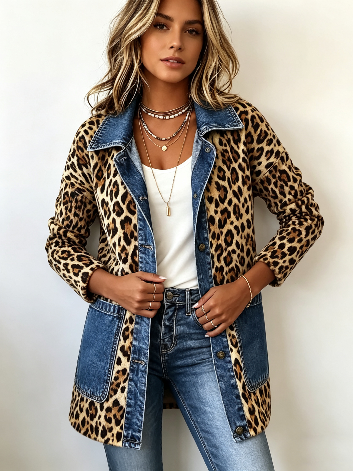 Lorena | Lange luipaardjas met denimdetails