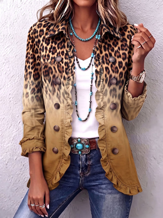 Reyes | Okerkleurige luipaardblazer met ruches