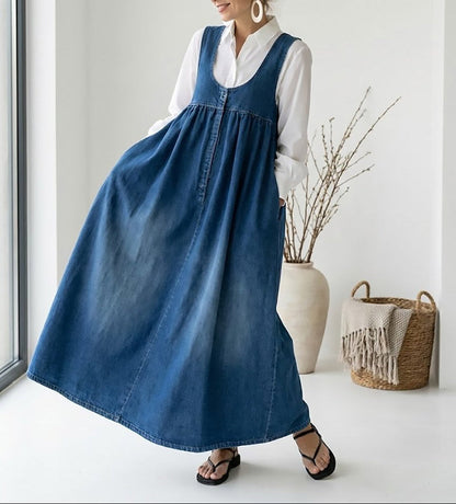 Karen | Vintage Gewassen Lange Denim Jurk met Zachte Katoenen Touch