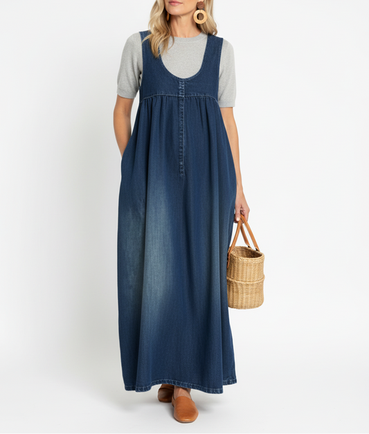 Karen | Vintage Gewassen Lange Denim Jurk met Zachte Katoenen Touch