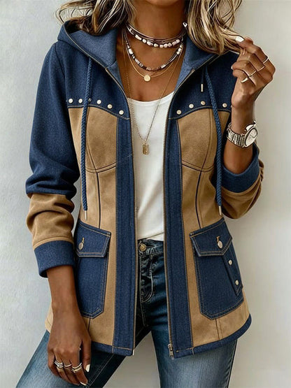 Adriana | Jas met capuchon in marineblauw en camel
