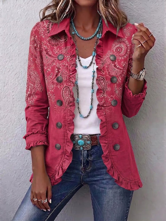 Adoración | Roze paisleyblazer met ruches