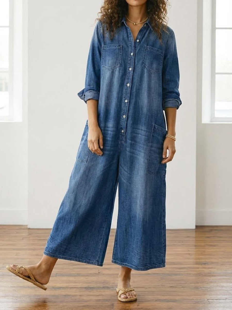 Diana | Vintage Gewassen Denim Jumpsuit van Zacht Katoen met Knopen