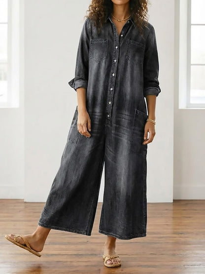Diana | Vintage Gewassen Denim Jumpsuit van Zacht Katoen met Knopen