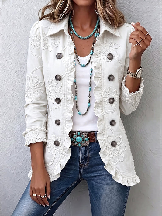 Marisol | Ivoorkleurige geborduurde blazer met ruches