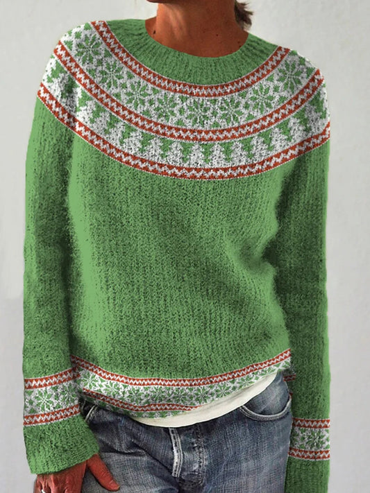 Solveig | Groene jacquardtrui met ronde hals en pullover-pasvorm, IJslands patroon