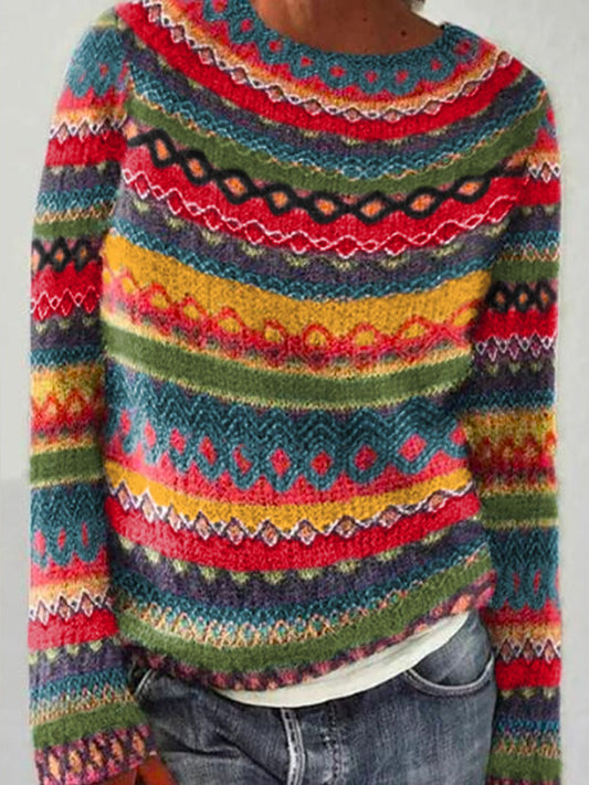 Alma | Rozerode trui met ronde hals en pullover-pasvorm, IJslands patroon