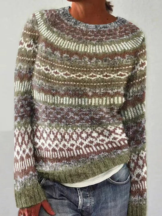 Maja | Groene trui met ronde hals en pullover-pasvorm, IJslands patroon