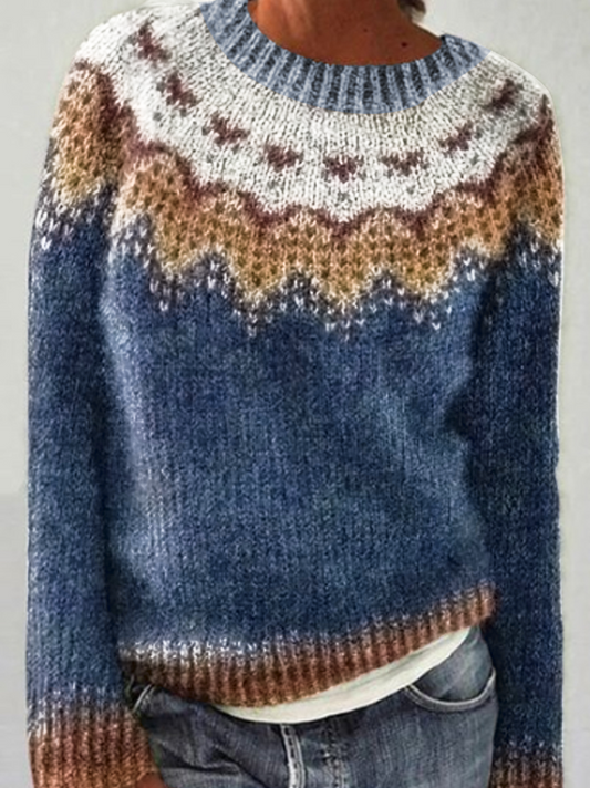 Selma | Blauwe trui met ronde hals en pullover-pasvorm, IJslands patroon
