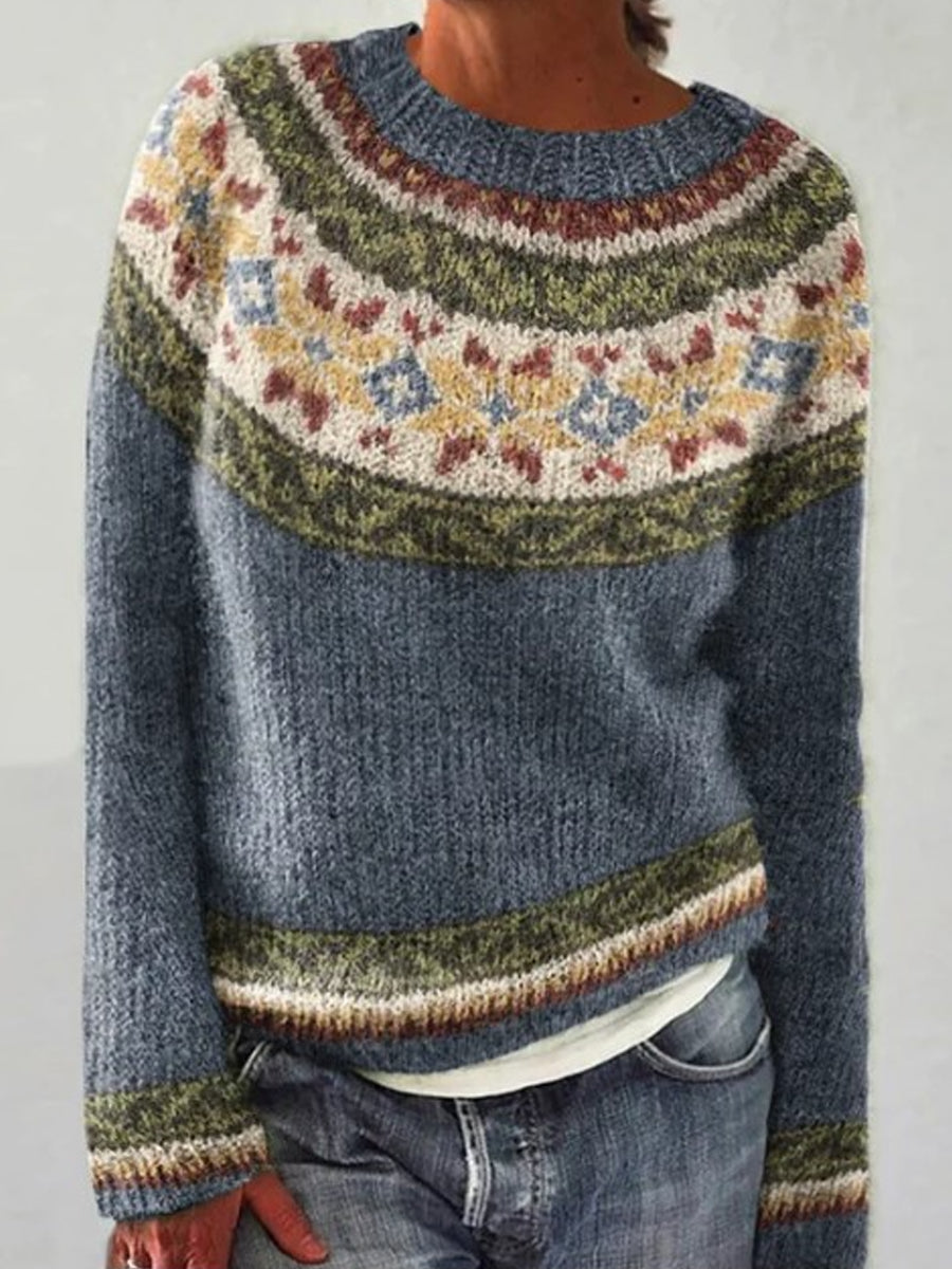 Amalie | Blauwe trui met ronde hals en pullover-pasvorm, IJslands patroon