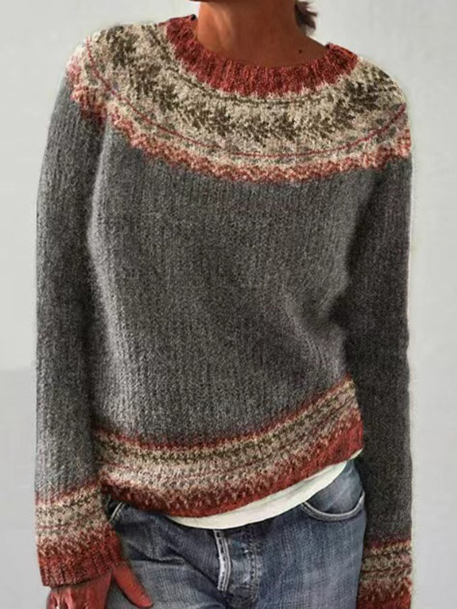 Karla | Donkergrijze trui met ronde hals en pullover-pasvorm, IJslands patroon