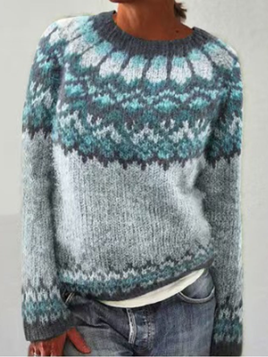 Josefine | Blauwe jacquardtrui met ronde hals en pullover-pasvorm, IJslands patroon