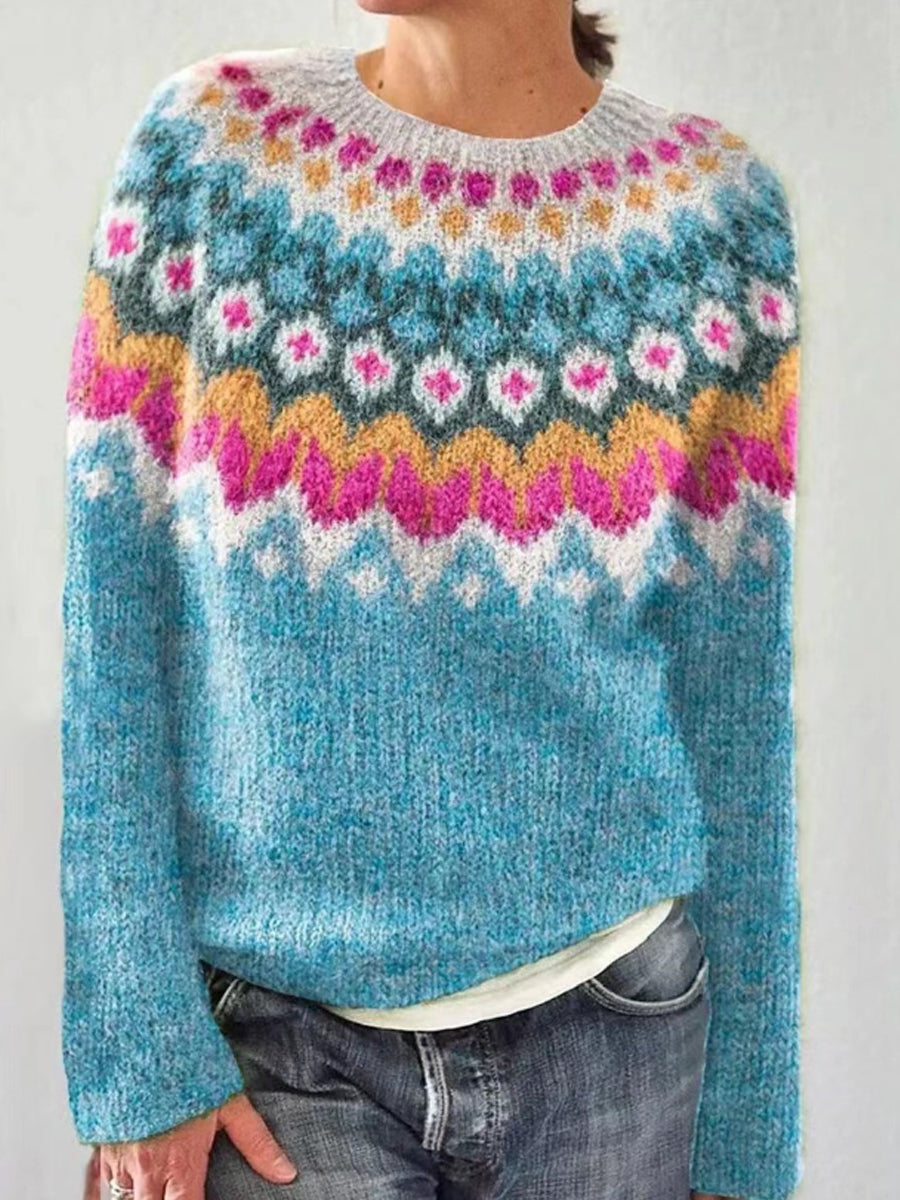 Ida | Blauwe trui met ronde hals en pullover-pasvorm, IJslands patroon