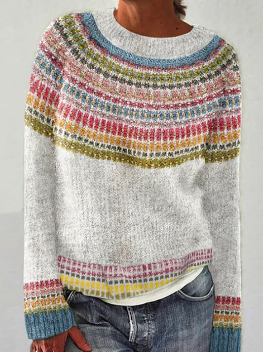 Liva | Witte trui met ronde hals en pullover-pasvorm, IJslands patroon