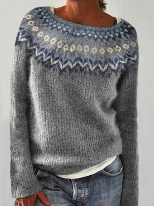 Emma | Grijze jacquardtrui met ronde hals en pullover-pasvorm, IJslands patroon