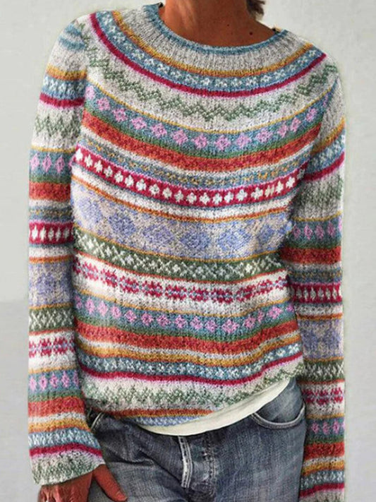 Liv | Blauwe trui met ronde hals en pullover-pasvorm, IJslands patroon