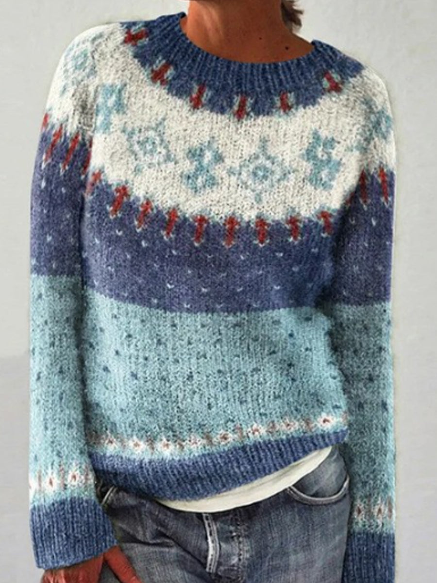 Viola | Blauwe trui met ronde hals en pullover-pasvorm, IJslands patroon
