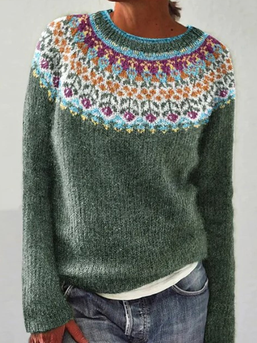 Clara | Groene trui met ronde hals en pullover-pasvorm, IJslands patroon