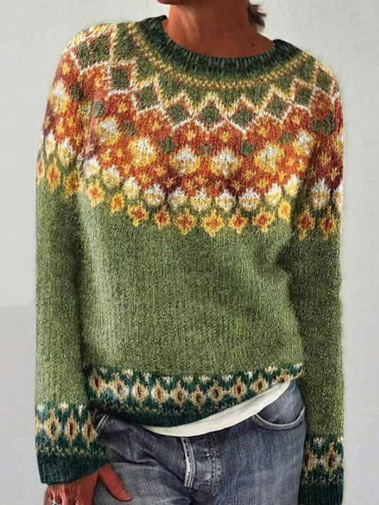 Mille | Groene jacquardtrui met ronde hals en pullover-pasvorm, IJslands patroon
