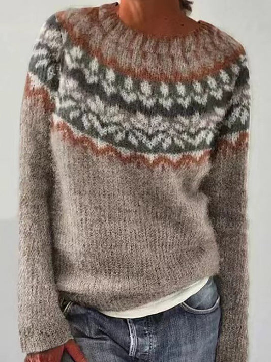 Ingrid | Camelkleurige trui met ronde hals en pullover-pasvorm, IJslands patroon