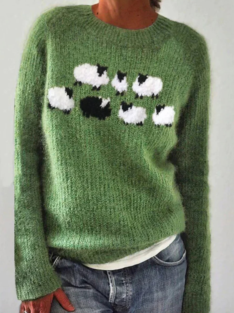 Rosa | Grijs-groene trui met ronde hals en pullover-pasvorm, IJslands patroon