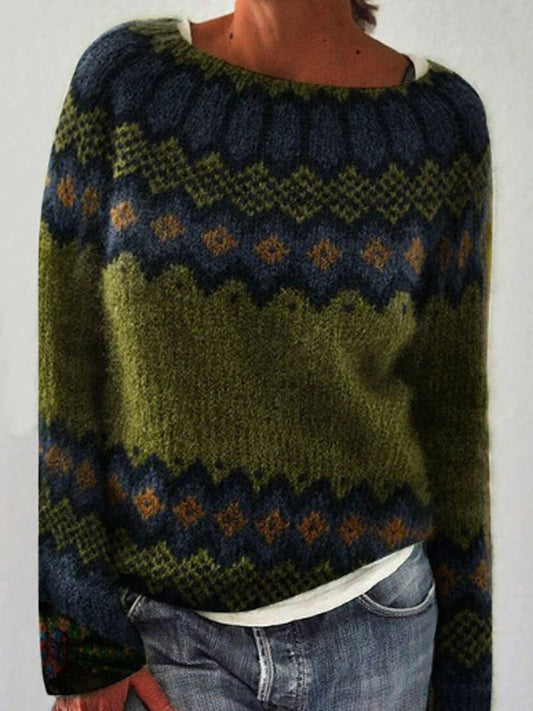 Mira | Militairgroene trui met ronde hals en pullover-pasvorm, IJslands patroon
